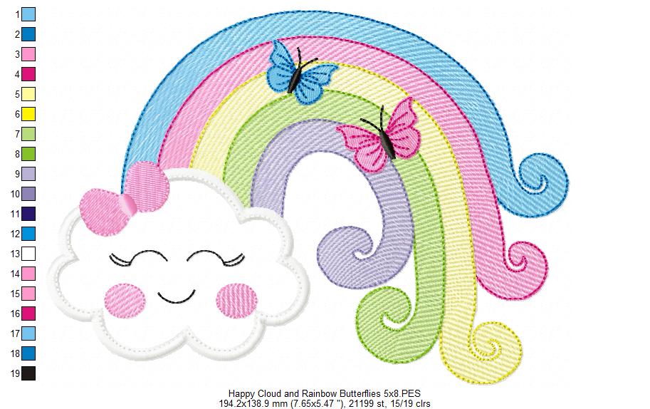 Happy Cloud, Rainbow and Butterflies - Applique Embroidery