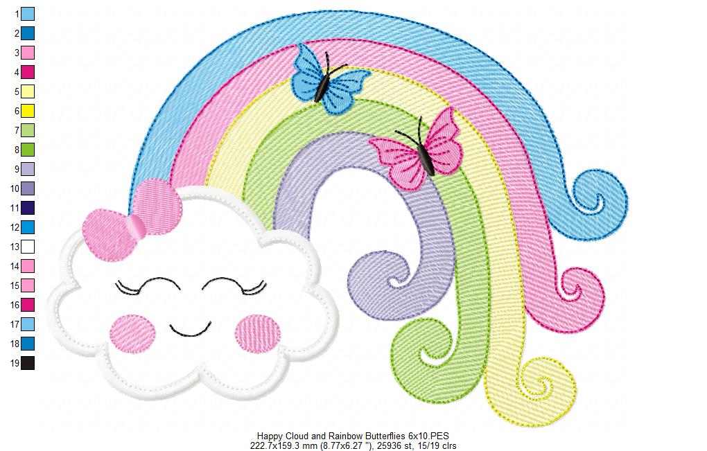 Happy Cloud, Rainbow and Butterflies - Applique Embroidery