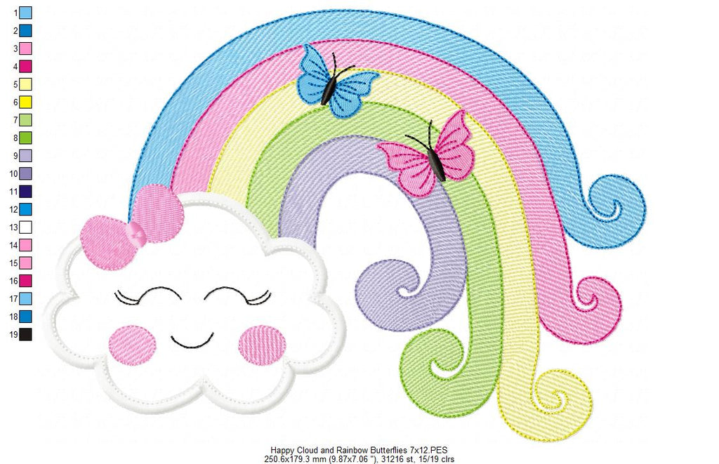 Happy Cloud, Rainbow and Butterflies - Applique Embroidery