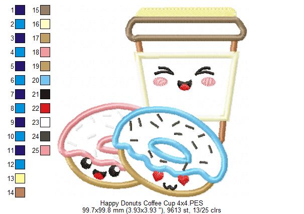 Happy Donuts and Coffee Cup - Applique