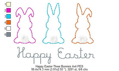 Happy Easter Three Bunnies - Raggy Appliqué - Machine Embroidery Design