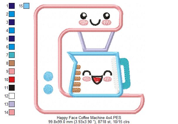 Happy Face Coffee Machine - Applique - Machine Embroidery Design