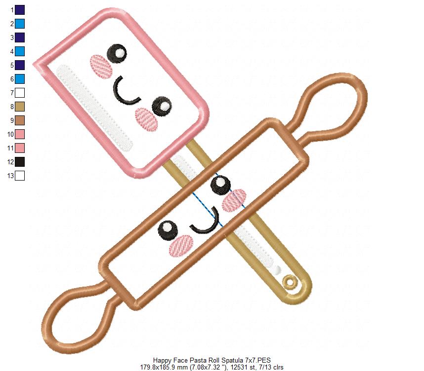 Happy Face Pasta Roll and Kitchen Spatula - Applique - Machine Embroidery Design