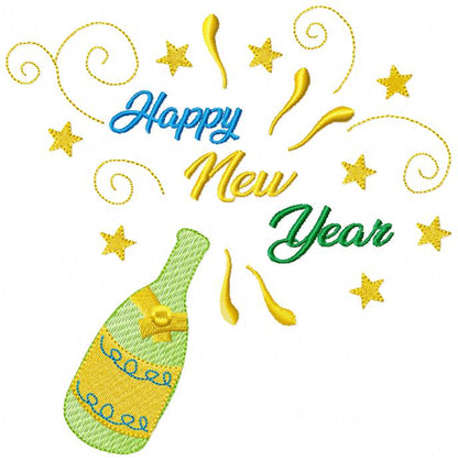 Happy New Year Champagne - Rippled Stitch - Machine Embroidery Design