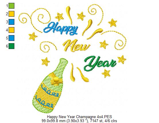 Happy New Year Champagne - Rippled Stitch - Machine Embroidery Design