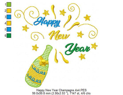 Happy New Year Champagne - Rippled Stitch - Machine Embroidery Design