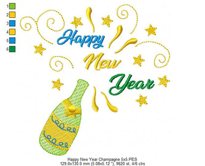 Happy New Year Champagne - Rippled Stitch - Machine Embroidery Design
