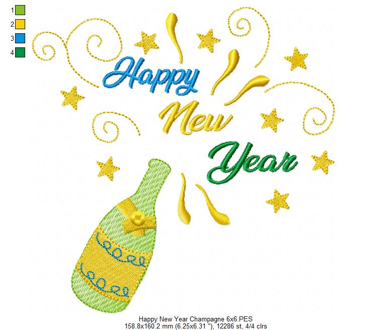 Happy New Year Champagne - Rippled Stitch - Machine Embroidery Design