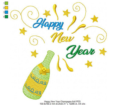 Happy New Year Champagne - Rippled Stitch - Machine Embroidery Design