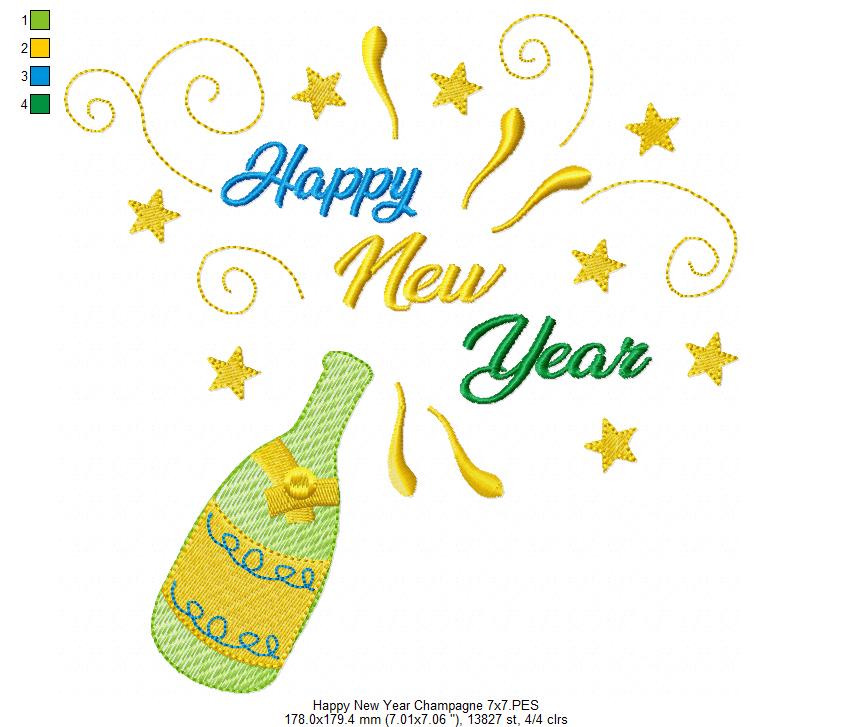 Happy New Year Champagne - Rippled Stitch - Machine Embroidery Design