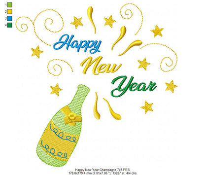 Happy New Year Champagne - Rippled Stitch - Machine Embroidery Design