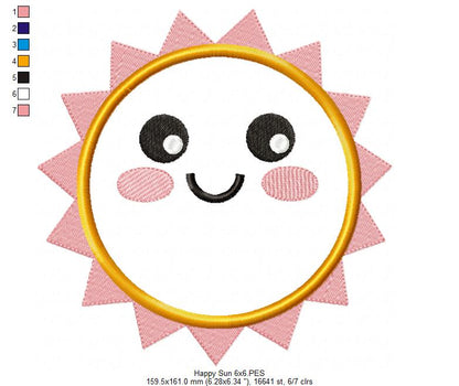 Happy Sun, Sunshine, Cute Summer - Applique
