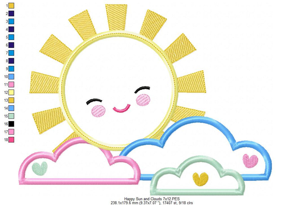 Happy Sun and Colorful Clouds - Applique - Machine Embroidery Design