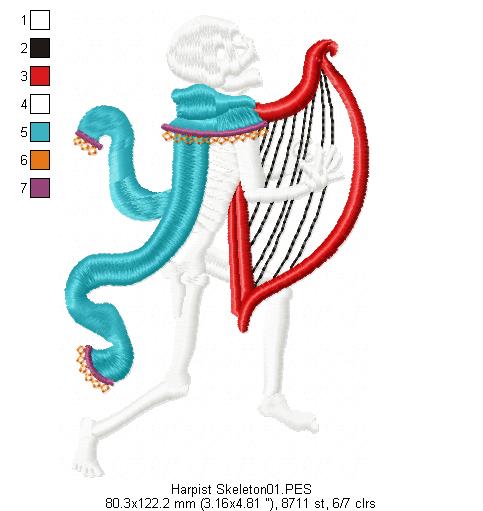 Harpist Skull  -  Satin Stitch