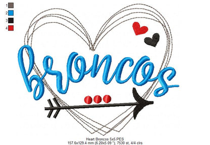 Heart Broncos – Satin Stitch – Machine Embroidery Design