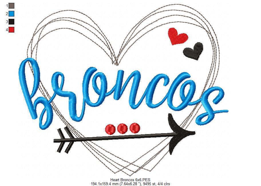 Heart Broncos – Satin Stitch – Machine Embroidery Design