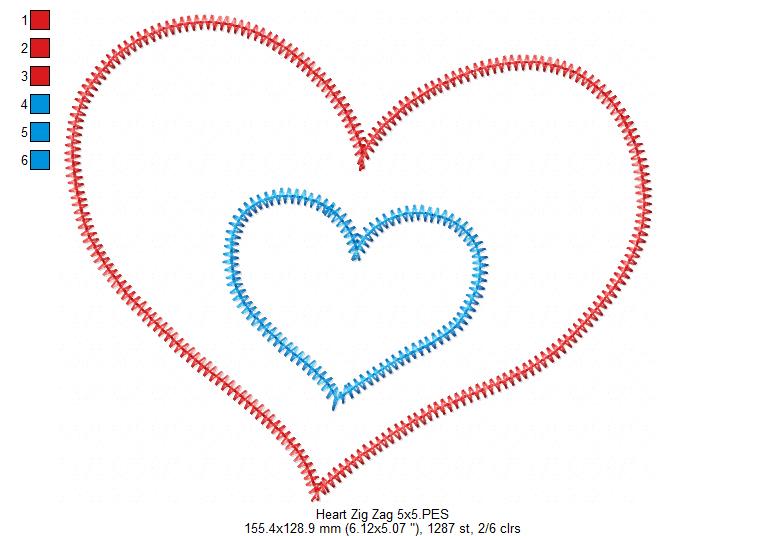 Sweet Layered Heart – Zig Zag Appliqué – Machine Embroidery Design