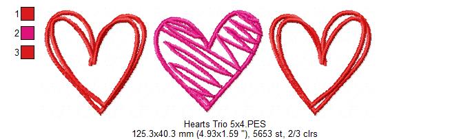 Hearts Trio - Fill Stitch - Machine Embroidery Design