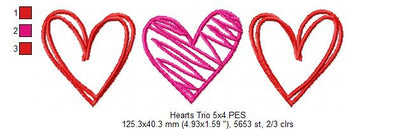 Hearts Trio - Fill Stitch - Machine Embroidery Design