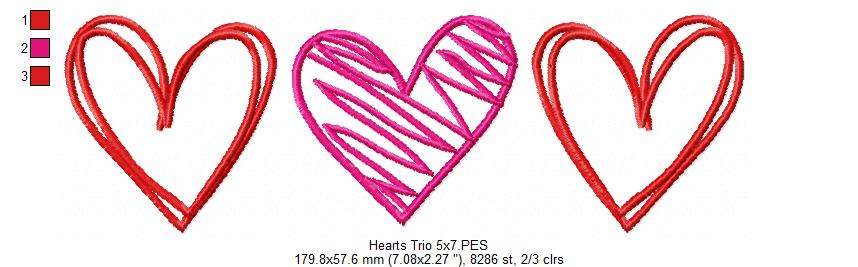 Hearts Trio - Fill Stitch - Machine Embroidery Design