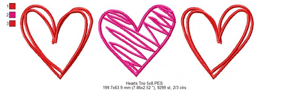 Hearts Trio - Fill Stitch - Machine Embroidery Design