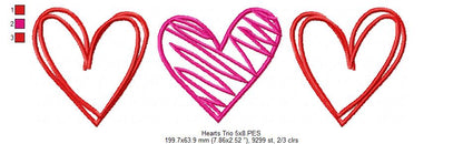Hearts Trio - Fill Stitch - Machine Embroidery Design