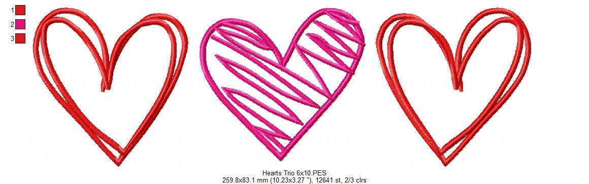 Hearts Trio - Fill Stitch - Machine Embroidery Design