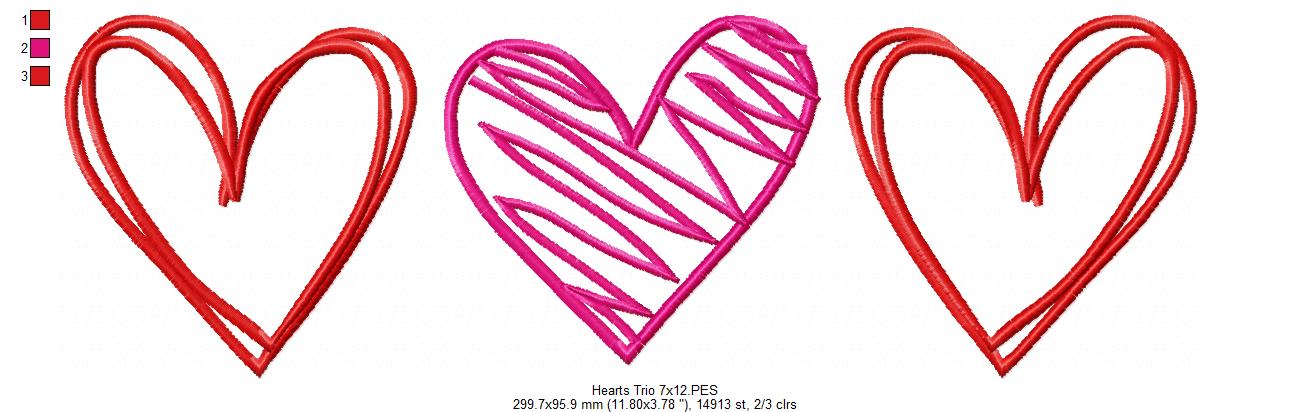 Hearts Trio - Fill Stitch - Machine Embroidery Design