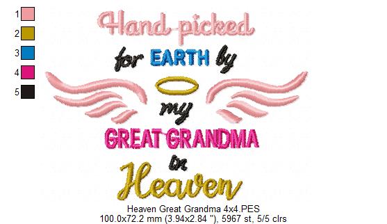 Hand Picked for Earth by my Great Grandma in Heaven - Fill Stitch - Machine Embroidery Design