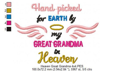 Hand Picked for Earth by my Great Grandma in Heaven - Fill Stitch - Machine Embroidery Design
