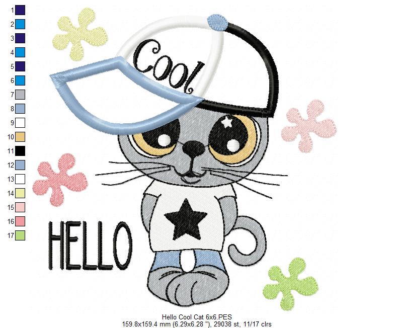 Hello Cool Kitty - Applique - Machine Embroidery Design