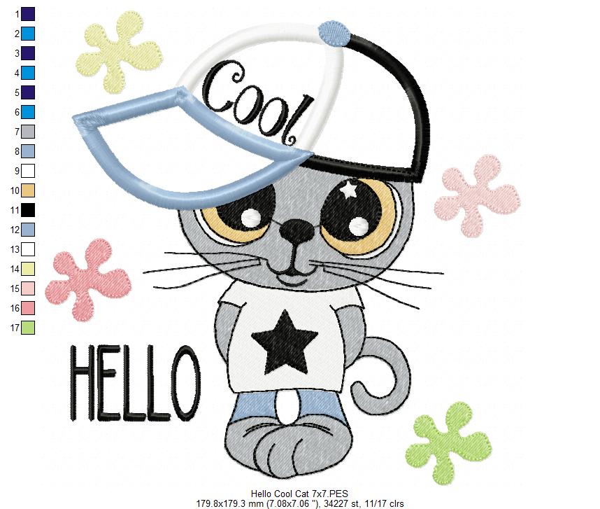 Hello Cool Kitty - Applique - Machine Embroidery Design