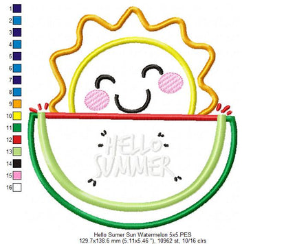 Hello Summer with Sun & Watermelon – Appliqué – Machine Embroidery Design
