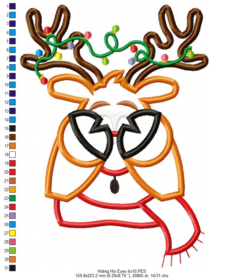 Rudolph Reindeer Face and Hiding His Eyes - Applique - Set of 2 designs