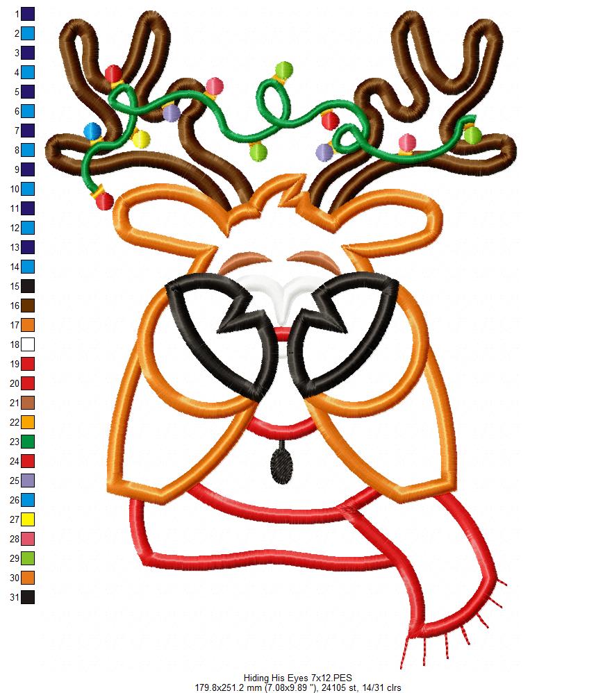 Rudolph Reindeer Face and Hiding His Eyes - Applique - Set of 2 designs