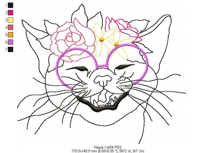 Hippie Cat - Redwork