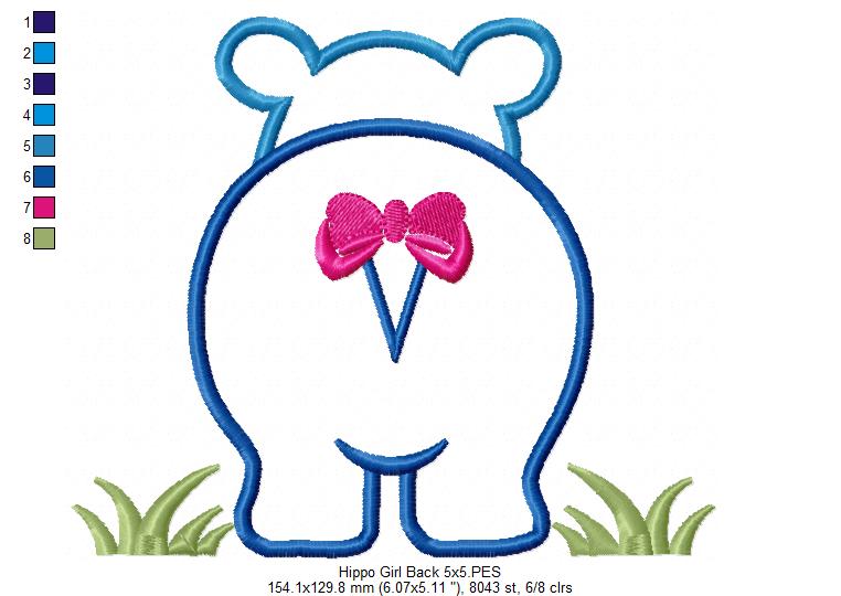 Hippo Girl Front and Back with Bow - Applique
