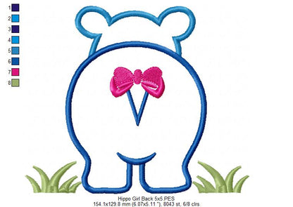 Hippo Girl Front and Back with Bow - Applique