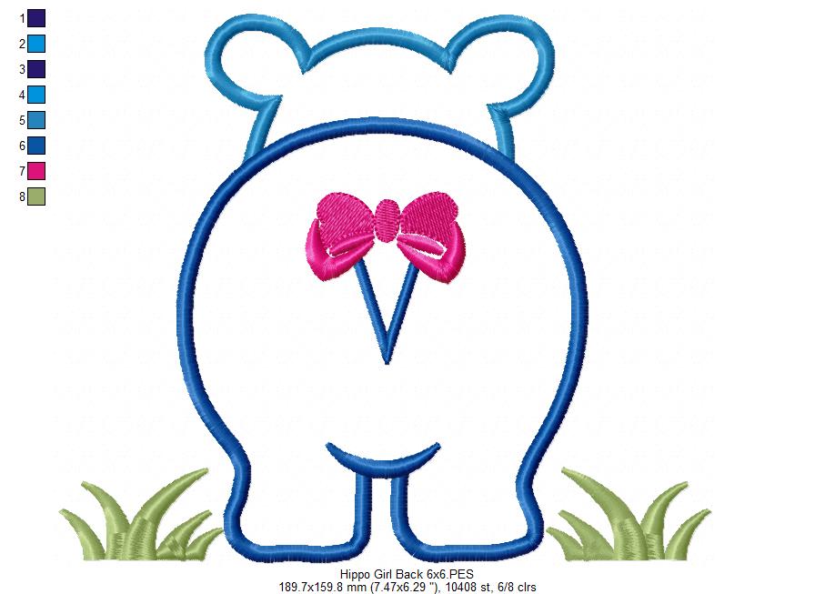 Hippo Girl Front and Back with Bow - Applique