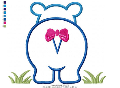 Hippo Girl Front and Back with Bow - Applique