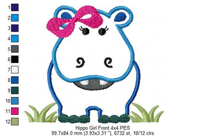 Hippo Girl Front and Back with Bow - Applique