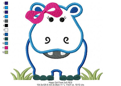 Hippo Girl Front and Back with Bow - Applique