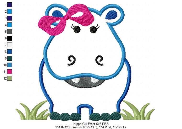 Hippo Girl Front and Back with Bow - Applique