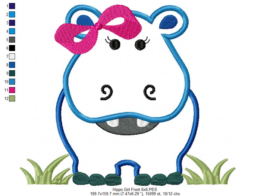 Hippo Girl Front and Back with Bow - Applique