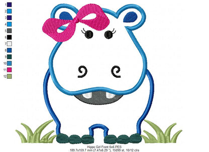 Hippo Girl Front and Back with Bow - Applique