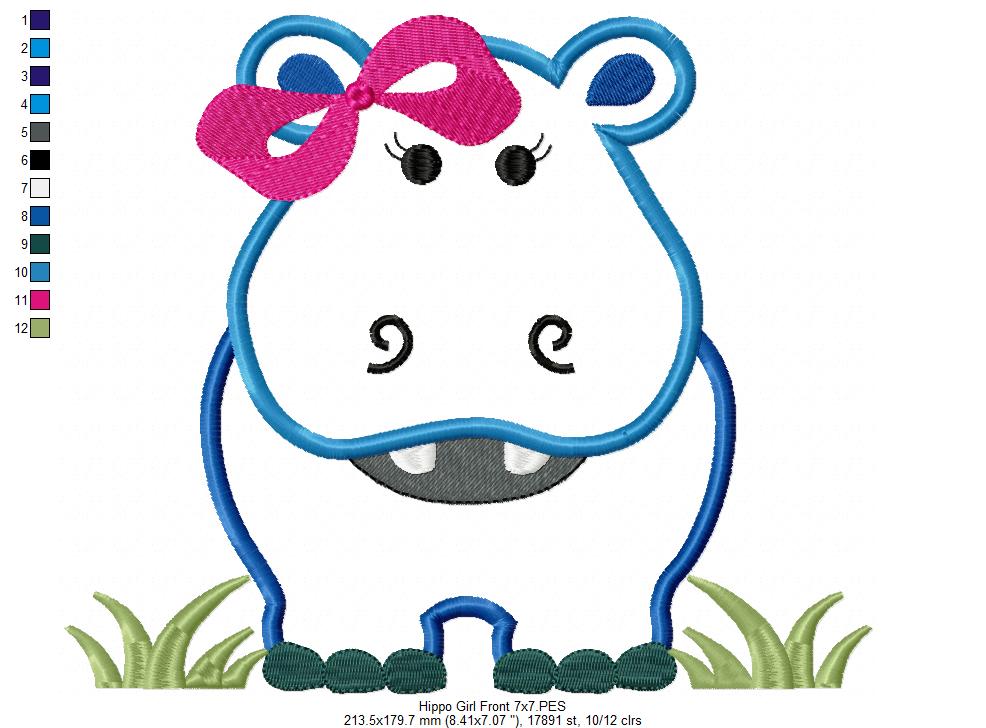Hippo Girl Front and Back with Bow - Applique