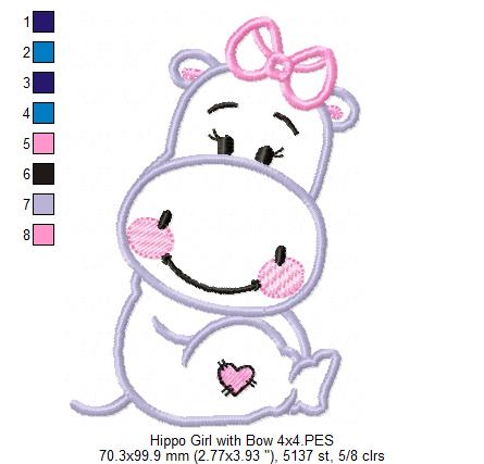 Hippo Girl with Bow - Applique