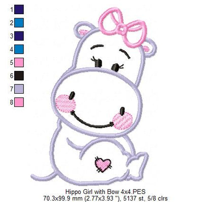 Hippo Girl with Bow - Applique