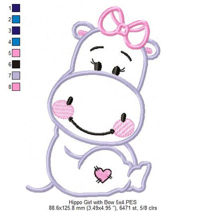 Hippo Girl with Bow - Applique