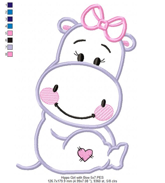 Hippo Girl with Bow - Applique